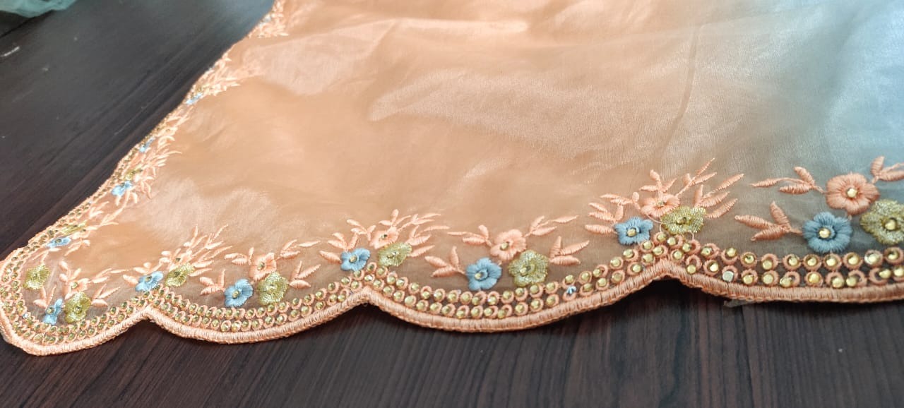 Grey and peach organza thread embroidery work saree