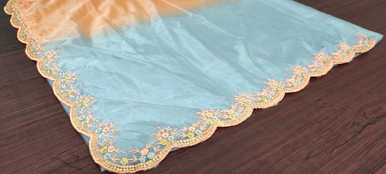 Grey and peach organza thread embroidery work saree