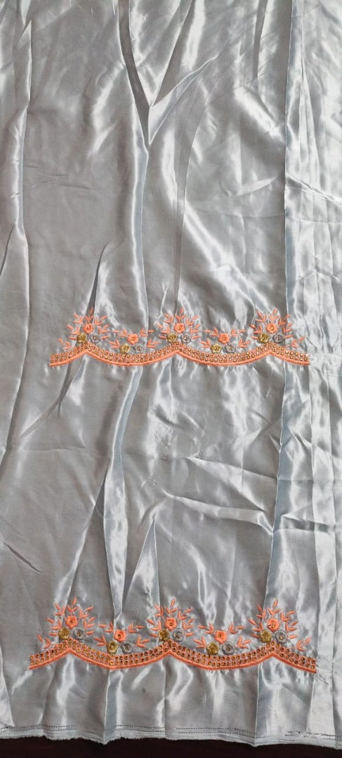 Grey and peach organza thread embroidery work saree