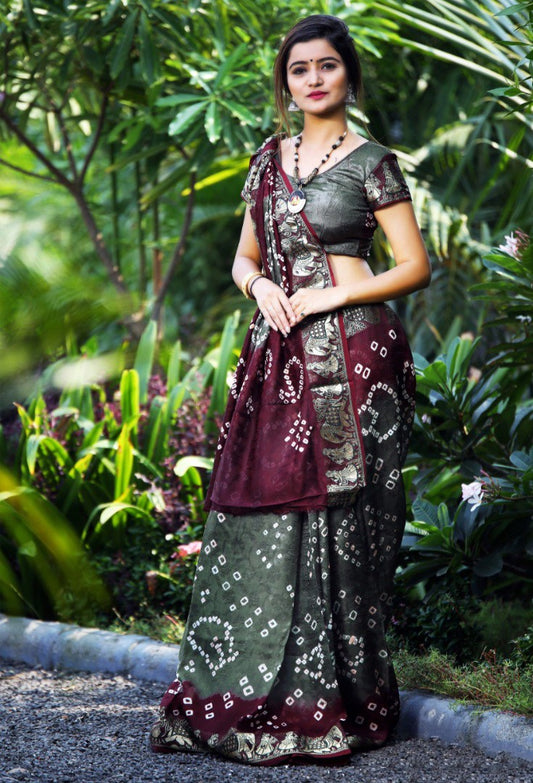 Grey and wine art silk weaving border bandhej saree