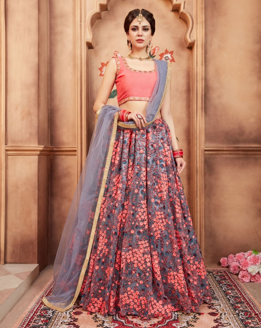Grey art silk beautiful thread and zari worked wedding lehenga