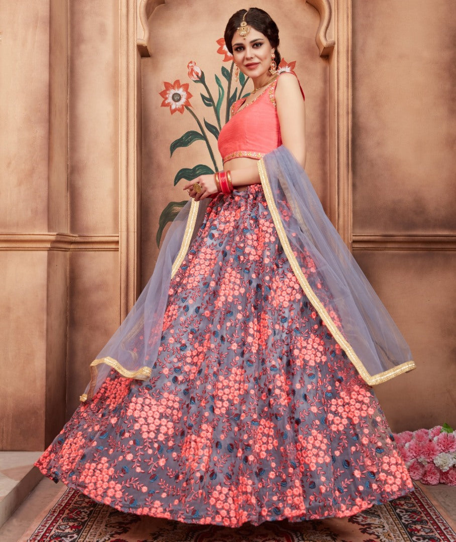 Grey art silk beautiful thread and zari worked wedding lehenga