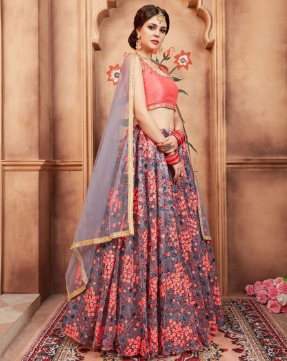 Grey art silk beautiful thread and zari worked wedding lehenga