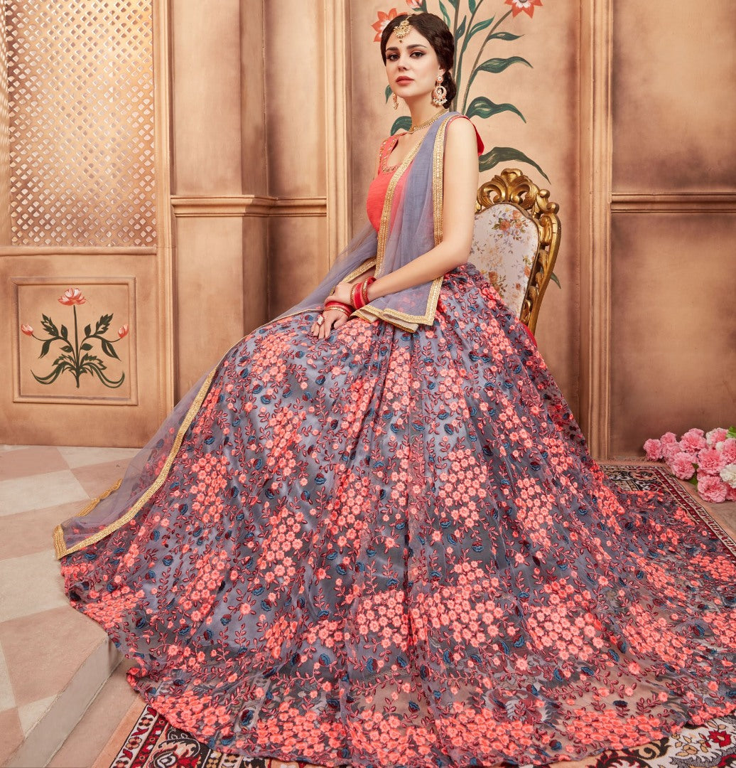 Grey art silk beautiful thread and zari worked wedding lehenga