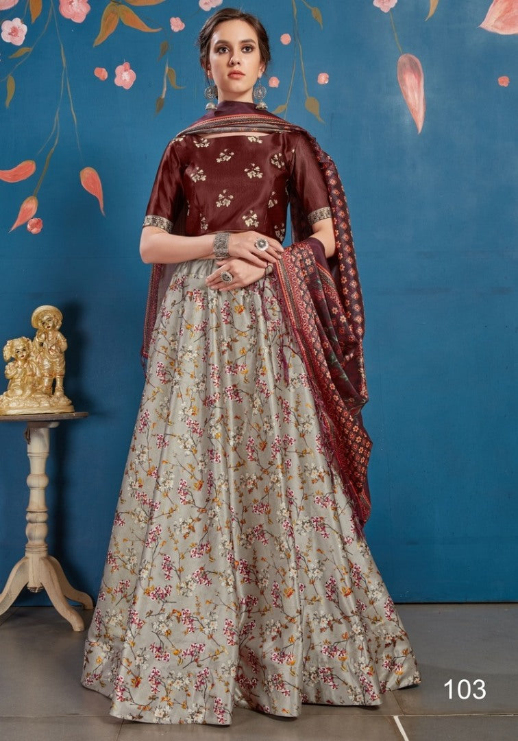 Grey art silk digital printed lehenga choli