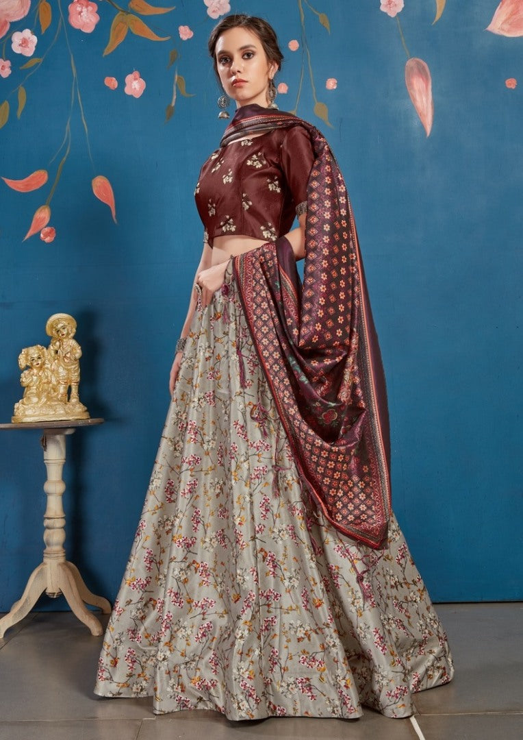 Grey art silk digital printed lehenga choli