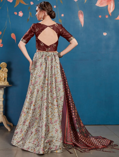 Grey art silk digital printed lehenga choli