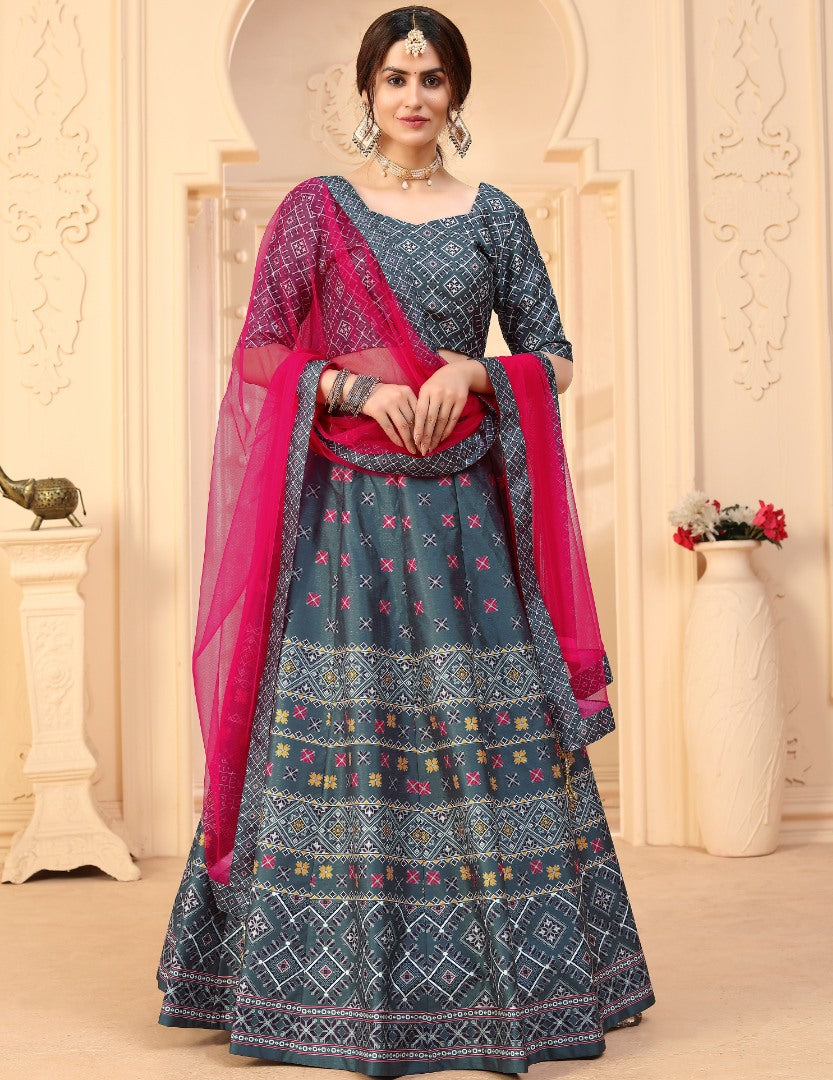Grey art silk digital printed party wear & ceremonial lehenga choli