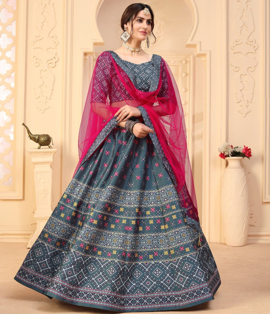 Grey art silk digital printed party wear & ceremonial lehenga choli