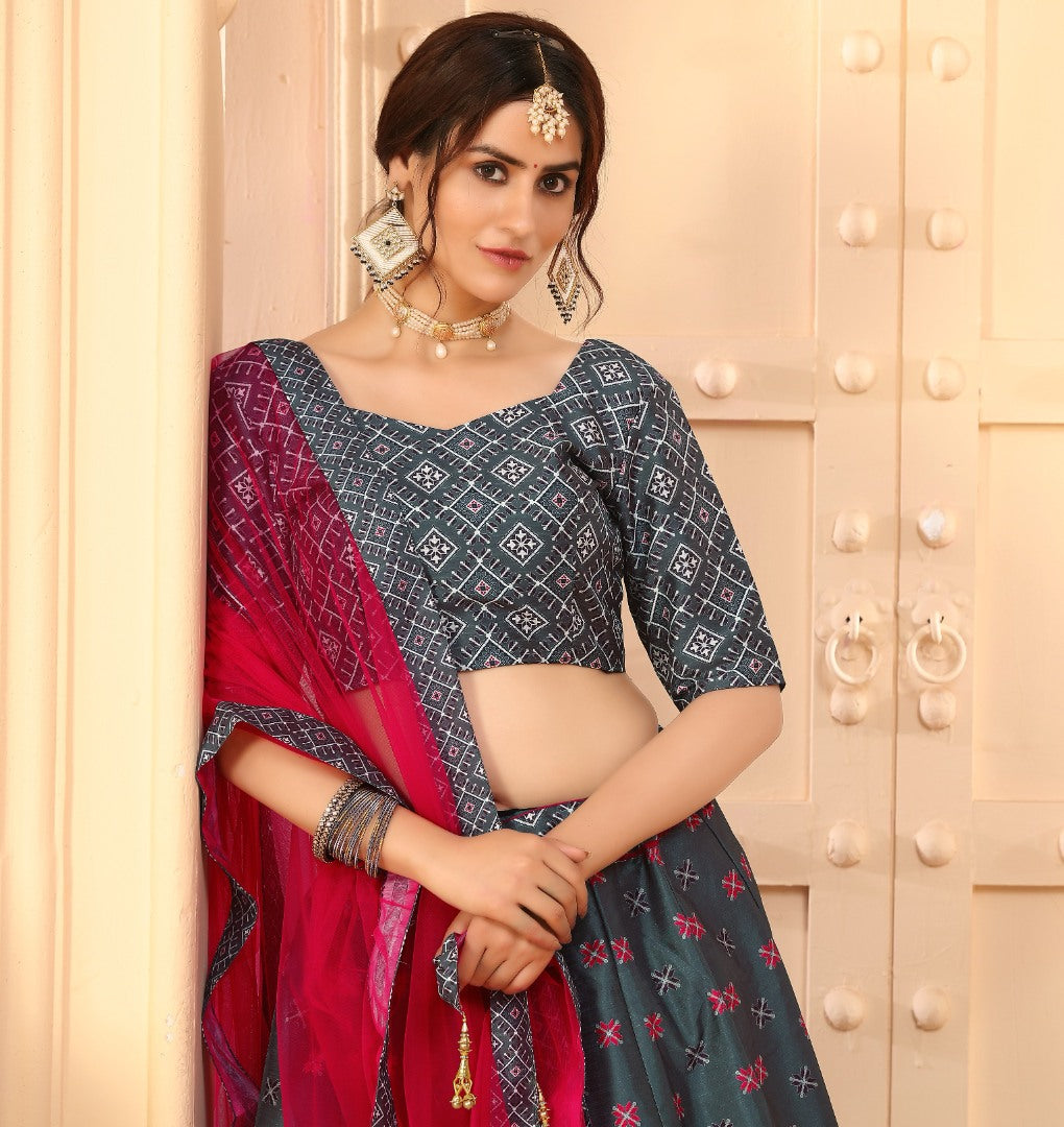 Grey art silk digital printed party wear & ceremonial lehenga choli