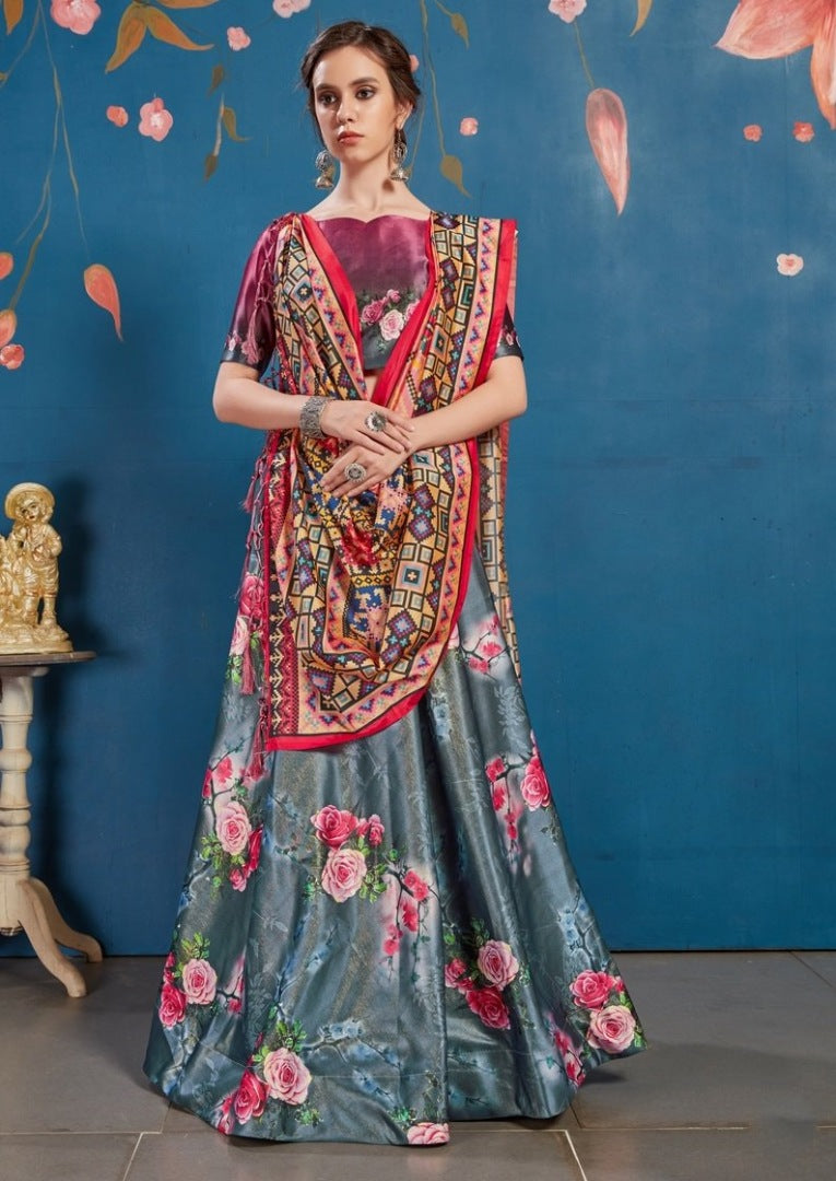 Grey art silk floral digital printed lehenga choli