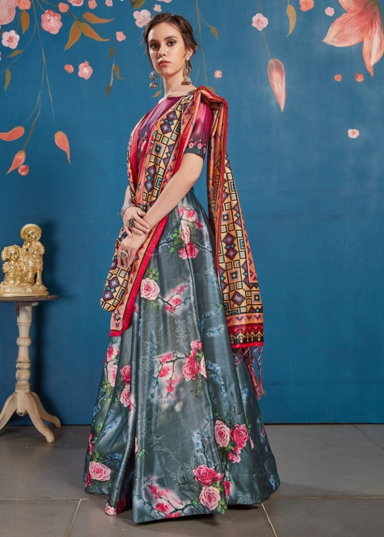 Grey art silk floral digital printed lehenga choli