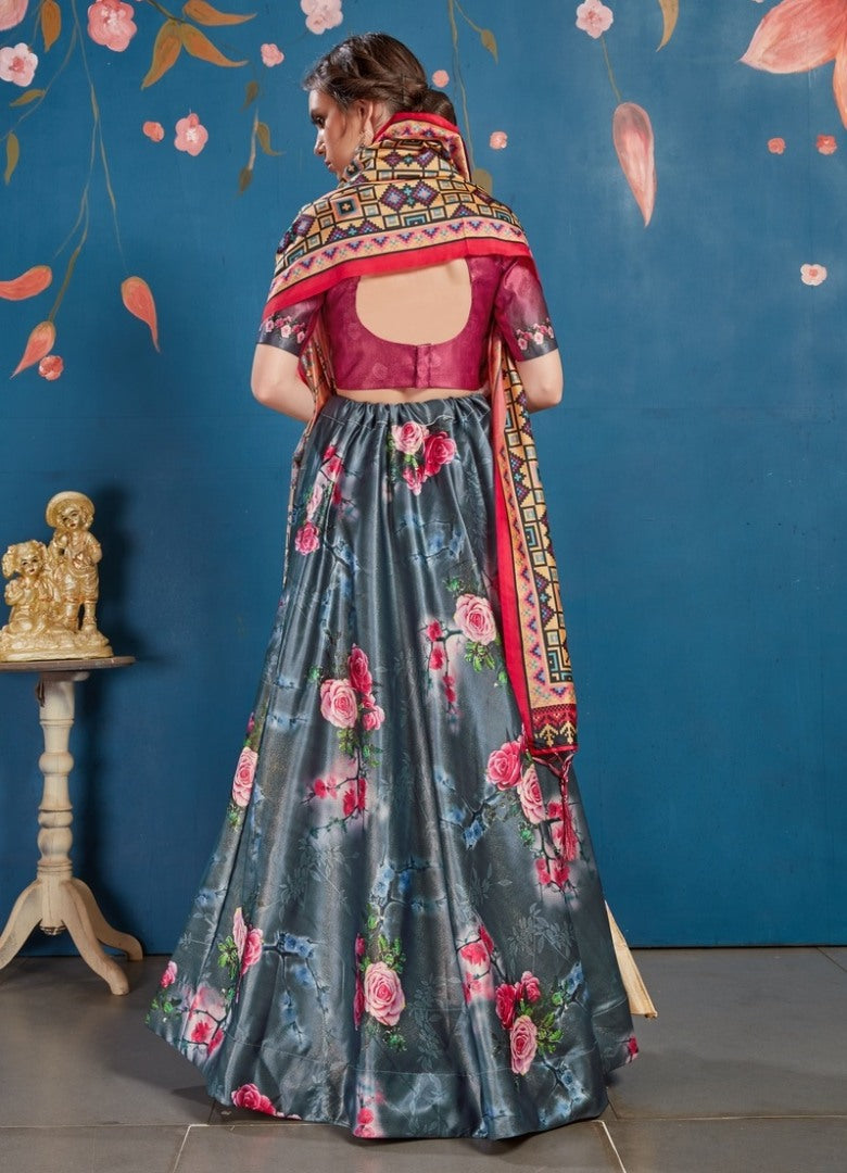 Grey art silk floral digital printed lehenga choli
