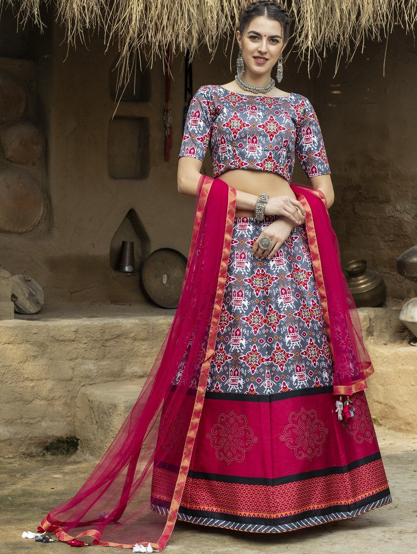 Grey art silk printed party wear & ceremonial lehenga choli