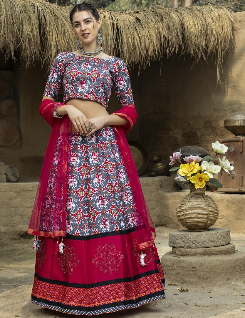 Grey art silk printed party wear & ceremonial lehenga choli