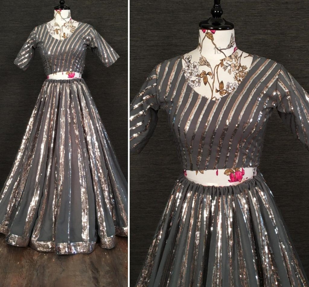 Grey blooming georgette sequence embroidered lehenga choli