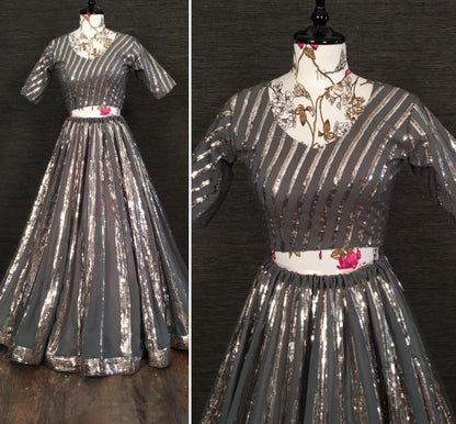 Grey blooming georgette sequence embroidered lehenga choli