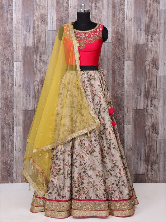 grey broket printed festival wear lehenga choli