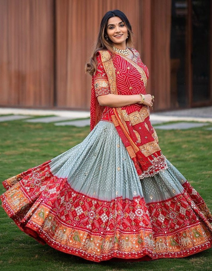 Grey butter silk digital printed real mirror work lehenga choli