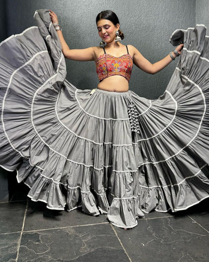 Grey butter silk heavy flair crop top lehenga for navratri