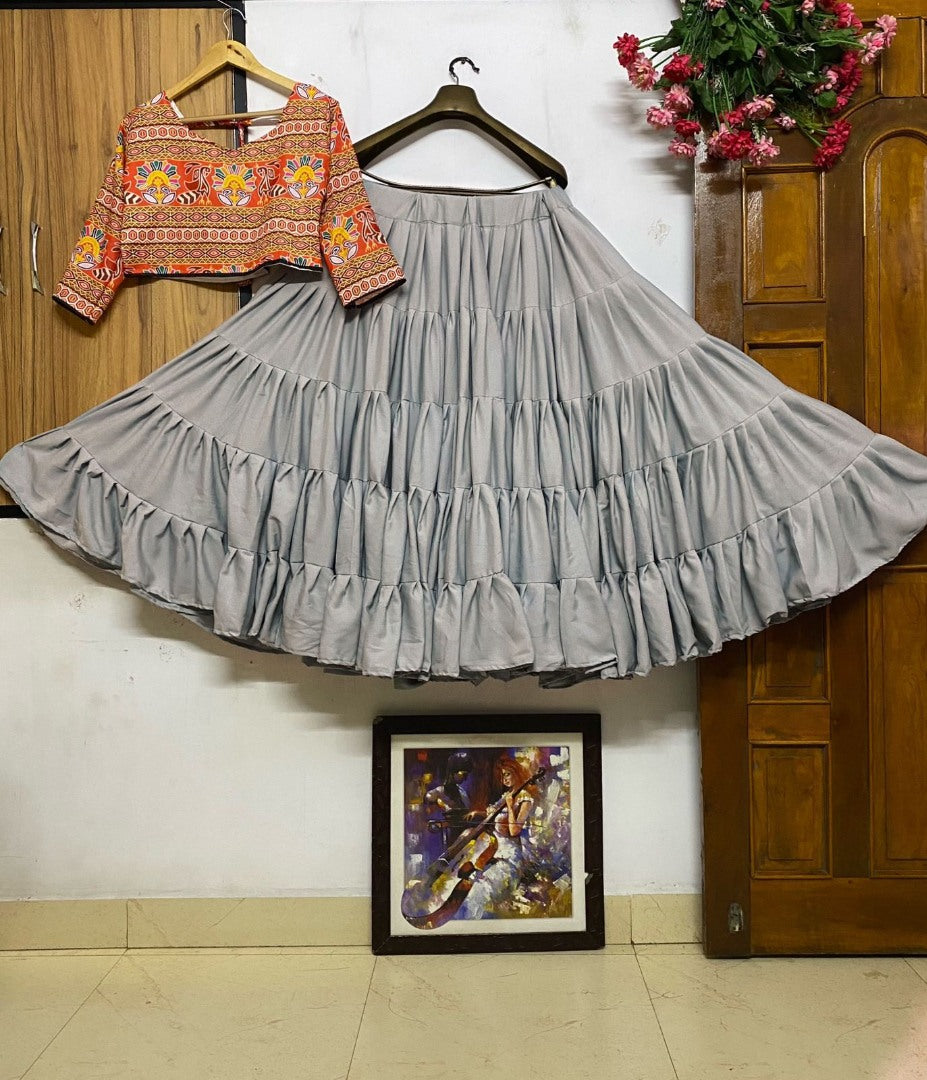 Grey butter silk heavy flair crop top lehenga for navratri