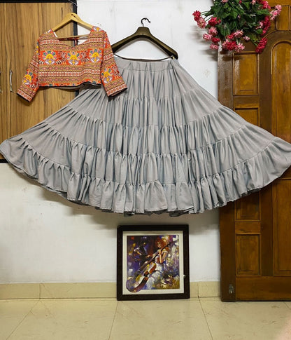 Grey butter silk heavy flair crop top lehenga for navratri