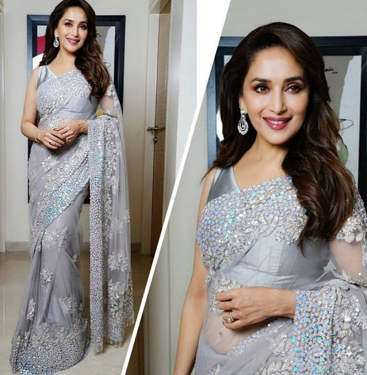 Grey butterfly net heavy fancy thread sequence worked bollywood style partywear saree