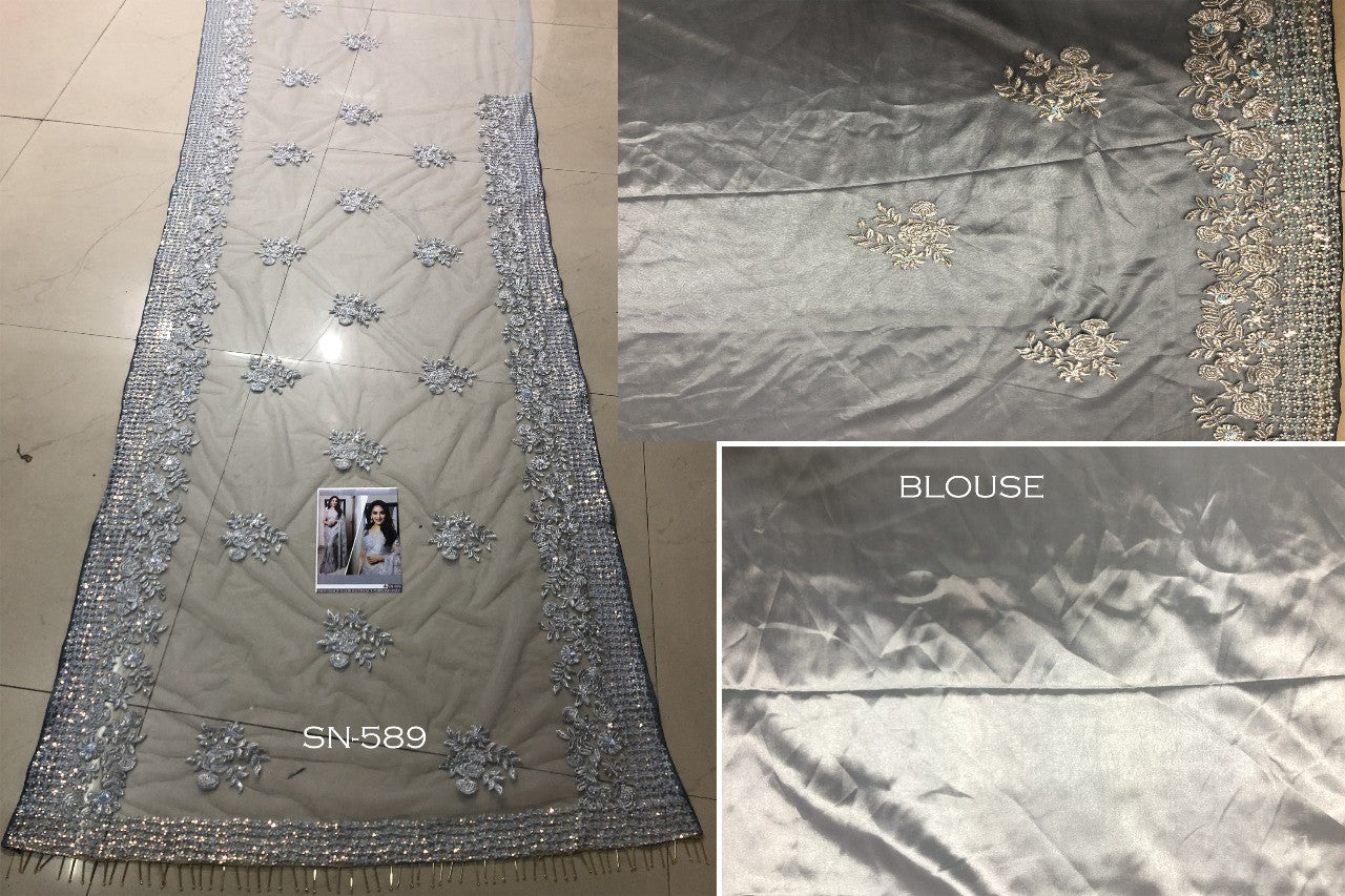 Grey butterfly net heavy fancy thread sequence worked bollywood style partywear saree