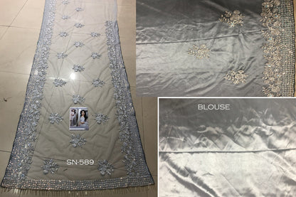 Grey butterfly net heavy fancy thread sequence worked bollywood style partywear saree