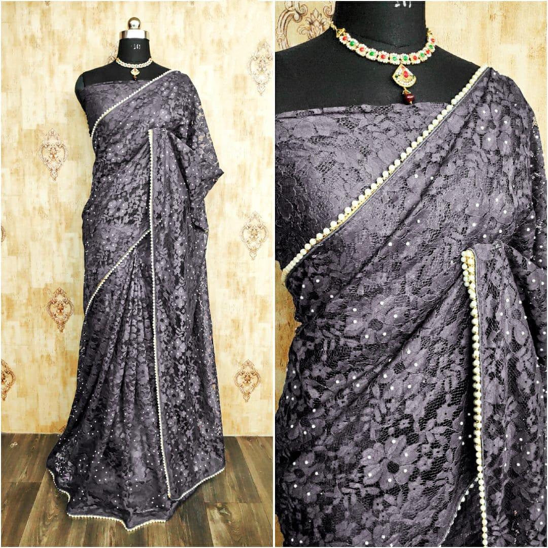 Grey chantley net pearl work partywear saree