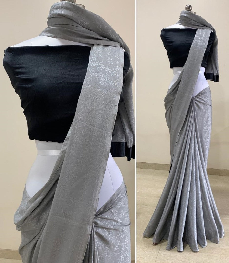 Grey chinon self design work party wear saree