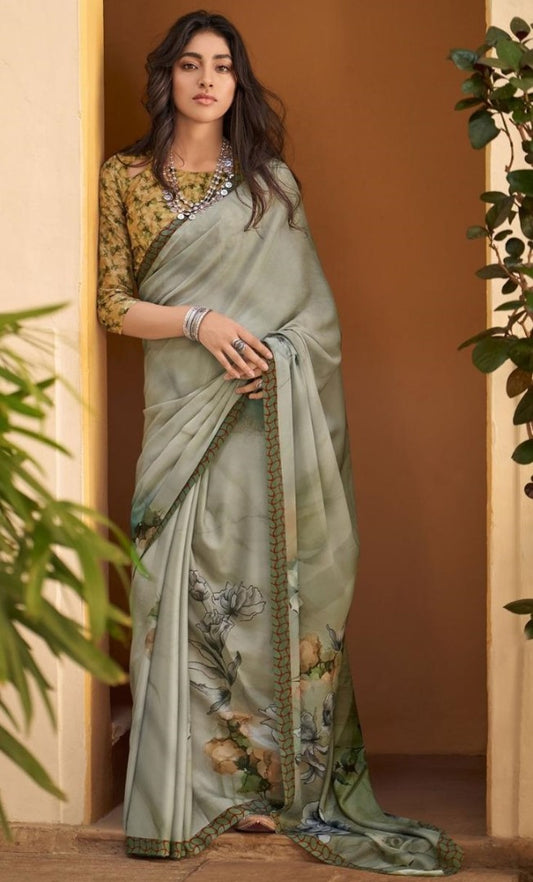Grey chinon silk digital flower printed saree