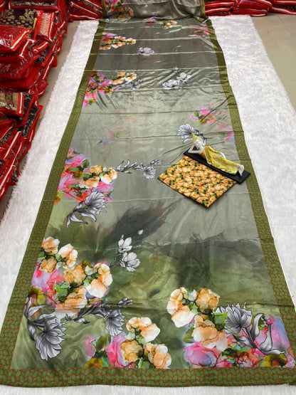 Grey chinon silk digital flower printed saree