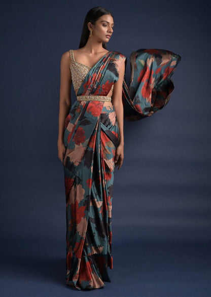 Grey chinon silk multi color flower printed saree