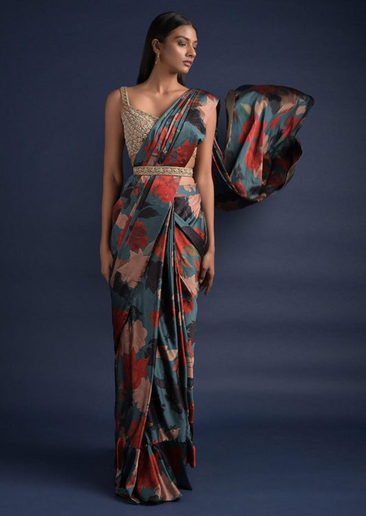 Grey chinon silk multi color flower printed saree