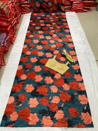 Grey chinon silk multi color flower printed saree