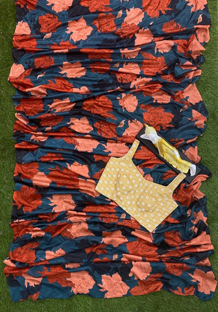 Grey chinon silk multi color flower printed saree