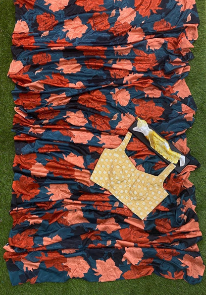 Grey chinon silk multi color flower printed saree