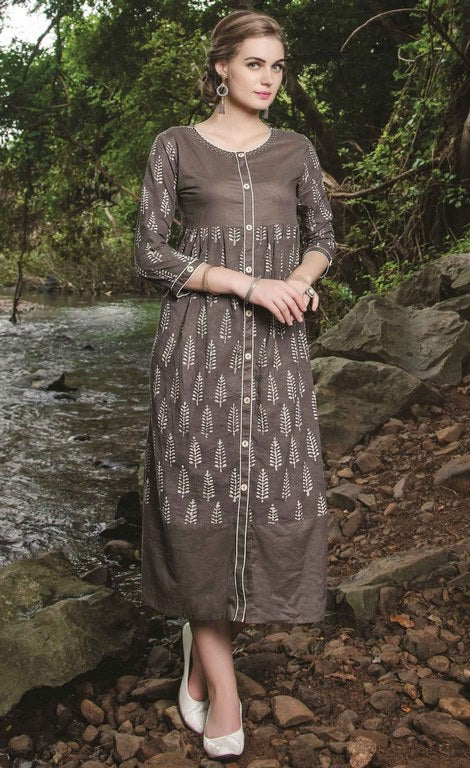 Grey Colored Cotton Printed Stitched Kurti