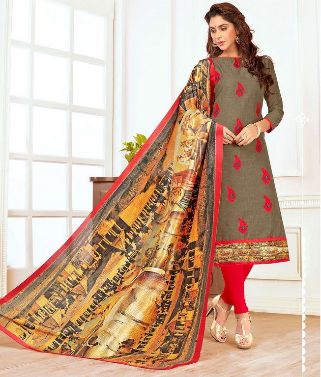 Grey Colored Salab cotton Thread Work & Digital Printed Un-Stitched Dress Material