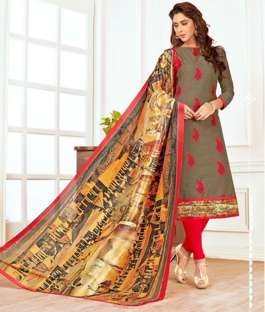 Grey Colored Salab cotton Thread Work & Digital Printed Un-Stitched Dress Material
