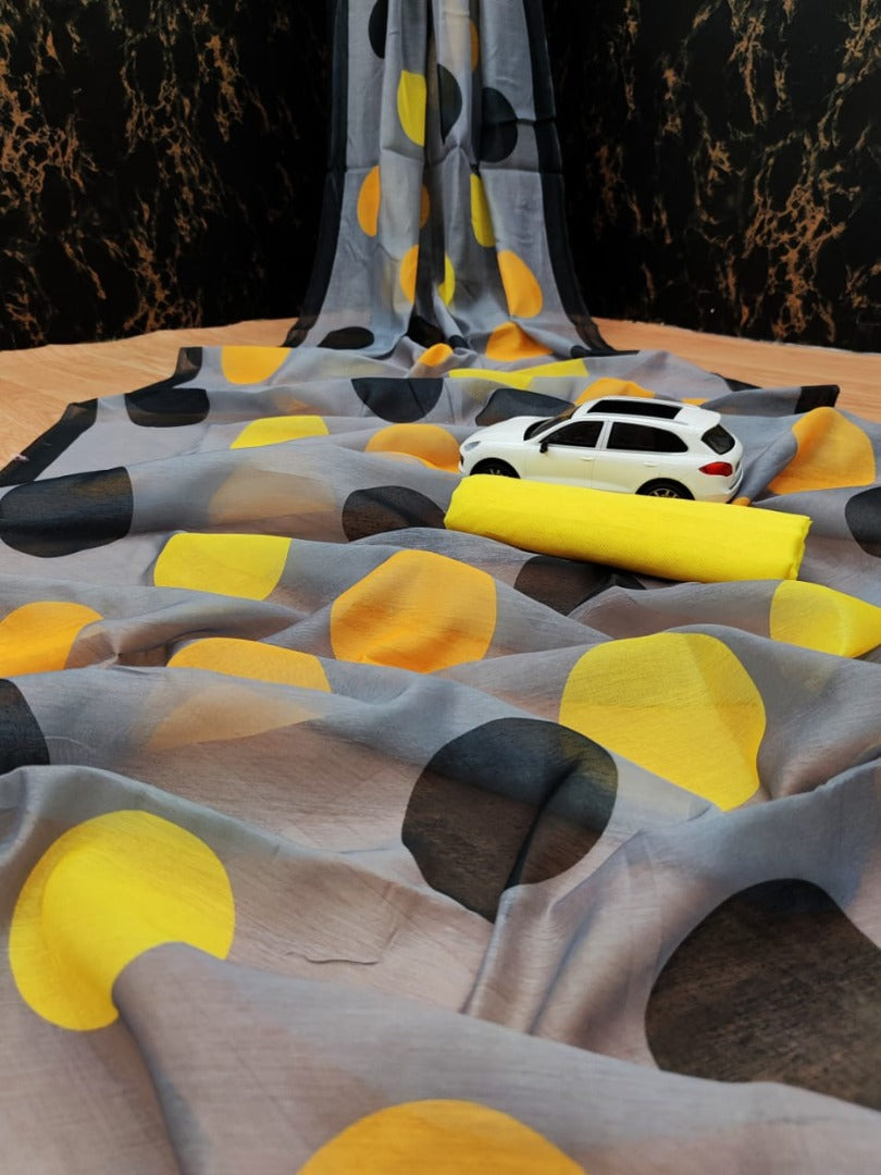 Grey cotton chanderi original digital printed work saree