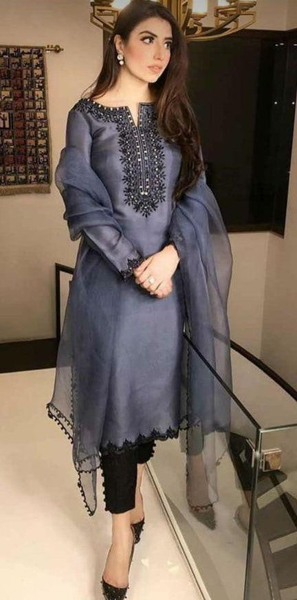 Grey cotton embroidered suit
