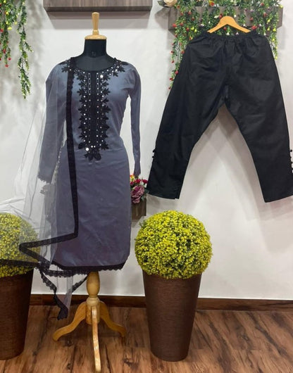 Grey cotton embroidered suit