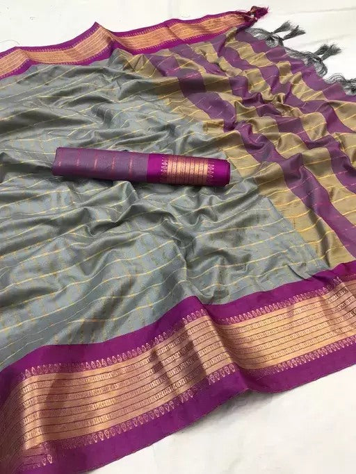 Grey cotton jacquard border saree