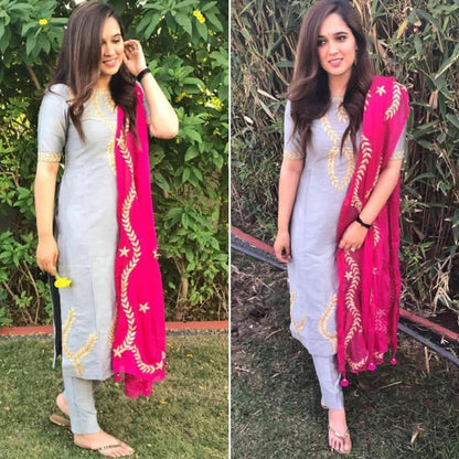 Grey cotton salwar suit with pink dupatta