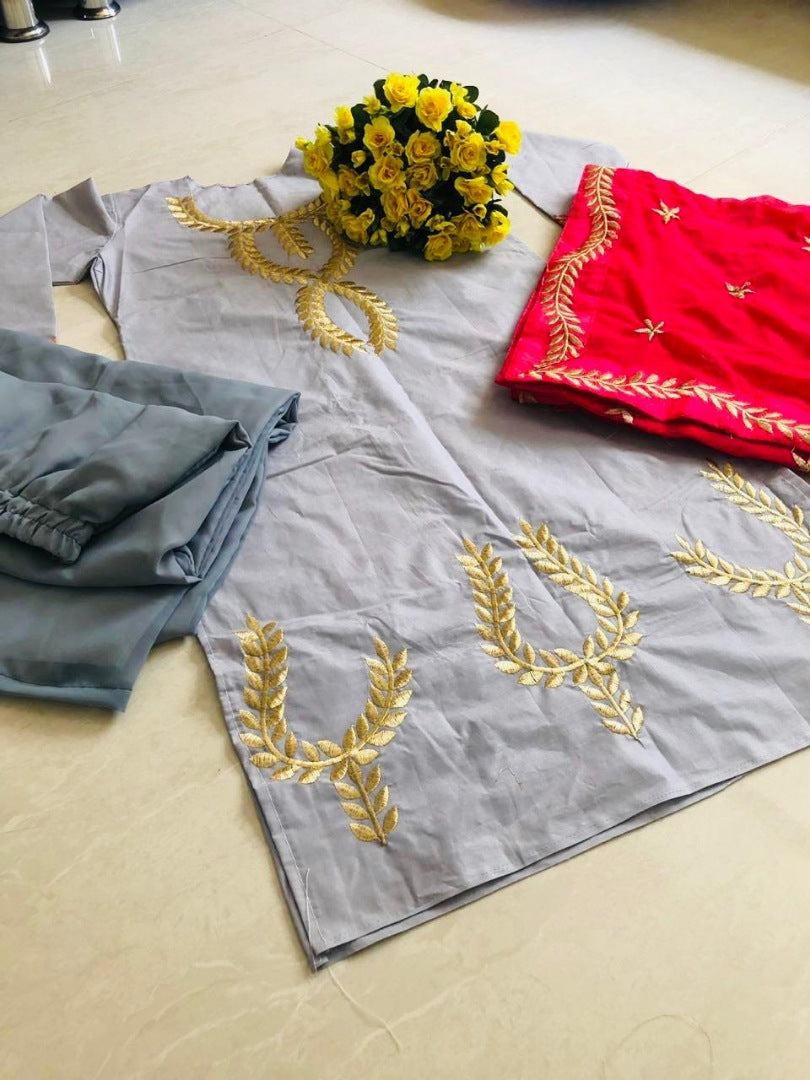 Grey cotton salwar suit with pink dupatta