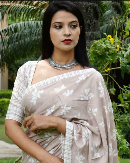 Grey cotton silk printed saree