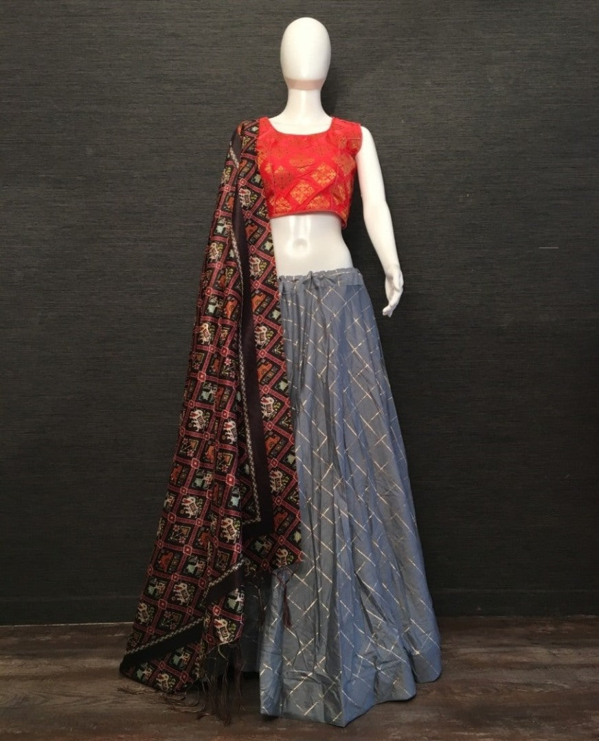 Grey cotton woven chex lehenga choli
