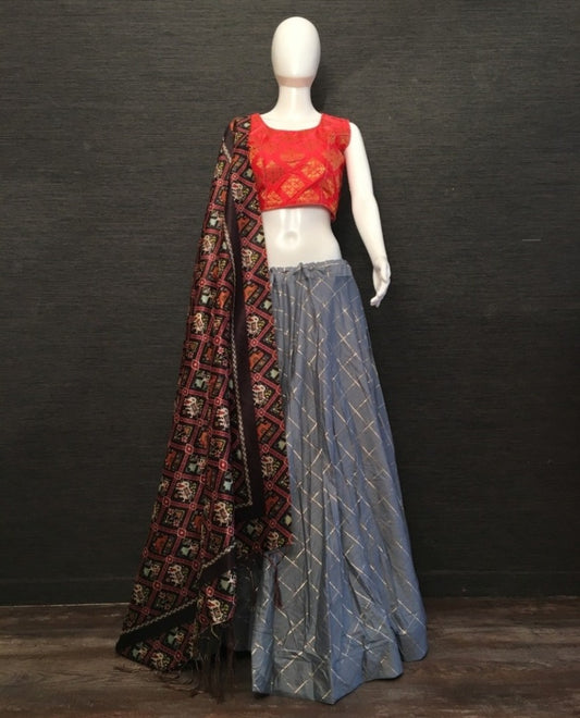 Grey cotton woven chex lehenga choli